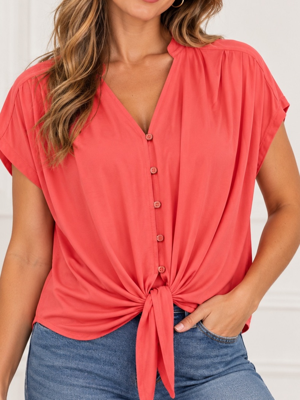 Nygard Coral Tie-Front Button Top